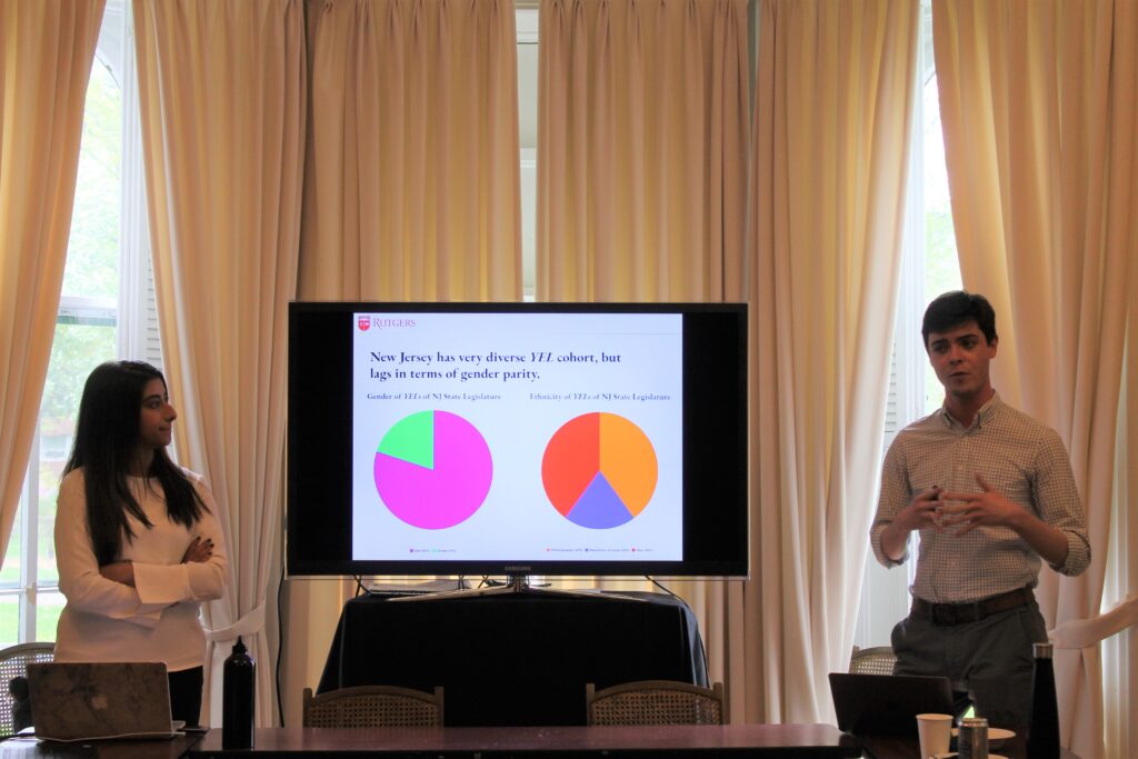 Two students present their research at Eagleton Institute for Politics, a large monitor between them shows pie charts